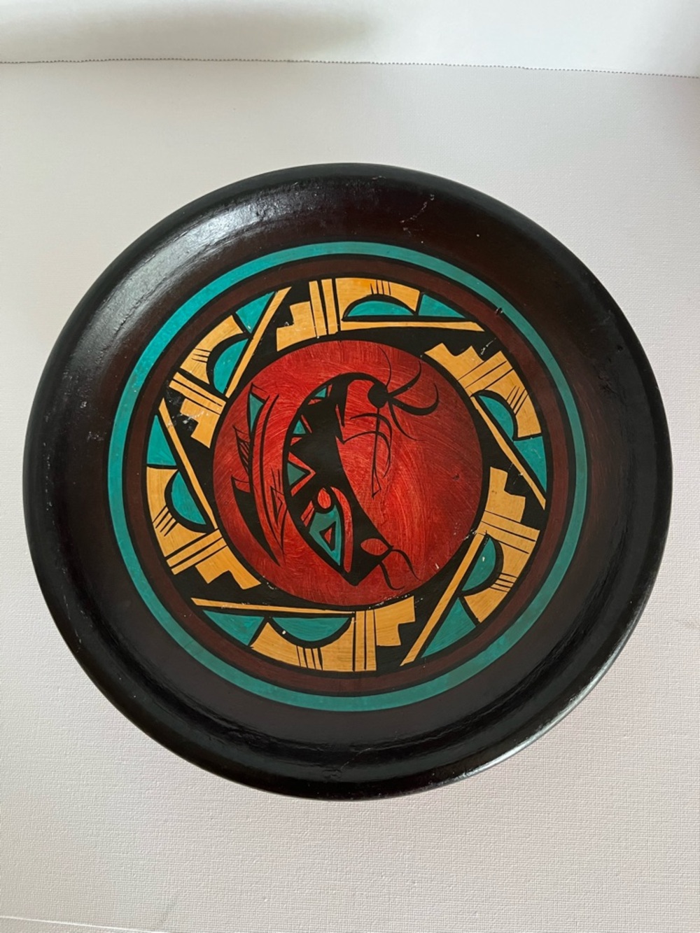 Signed Galvan burnished clay vintage hand painted Kokopelli southwest bowl plate